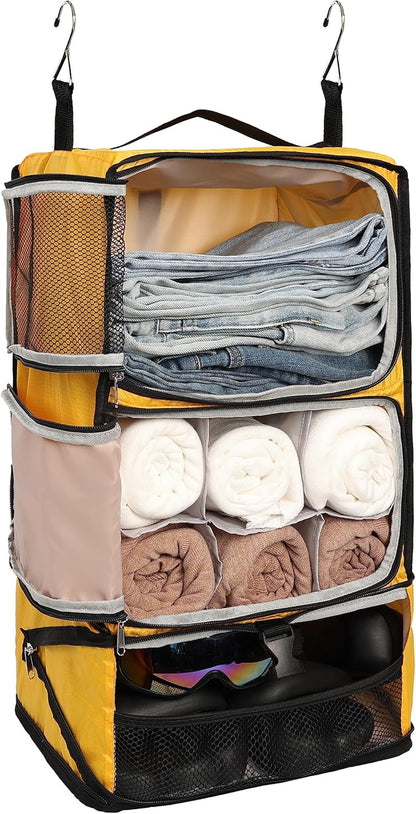 Hanging Packing Cubes Portable Closet 3-Shelf Travel Collapsible Compression Garment Organizer for Carry-on Luggage Suitcase Space Saver Bag XX-Large_No Side Pockets, Black