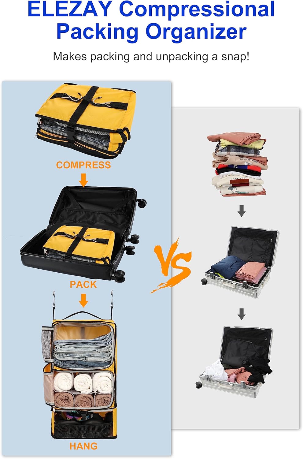 Hanging Packing Cubes Portable Closet 3-Shelf Travel Collapsible Compression Garment Organizer for Carry-on Luggage Suitcase Space Saver Bag XX-Large_No Side Pockets, Black