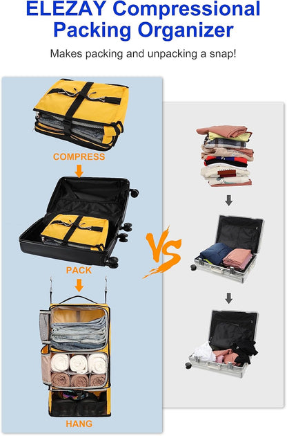 Hanging Packing Cubes Portable Closet 3-Shelf Travel Collapsible Compression Garment Organizer for Carry-on Luggage Suitcase Space Saver Bag XX-Large_No Side Pockets, Black