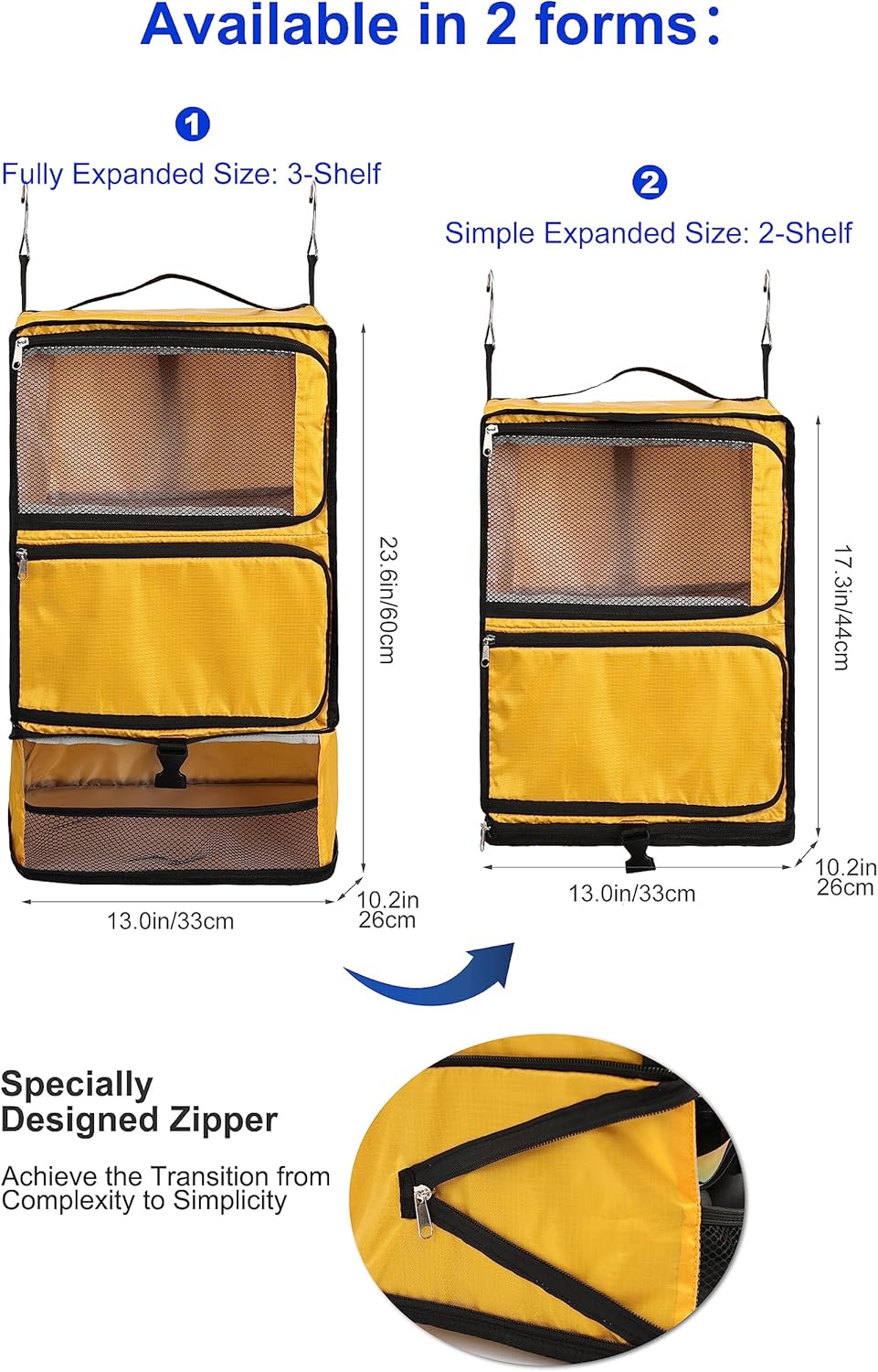 Hanging Packing Cubes Portable Closet 3-Shelf Travel Collapsible Compression Garment Organizer for Carry-on Luggage Suitcase Space Saver Bag XX-Large_No Side Pockets, Black