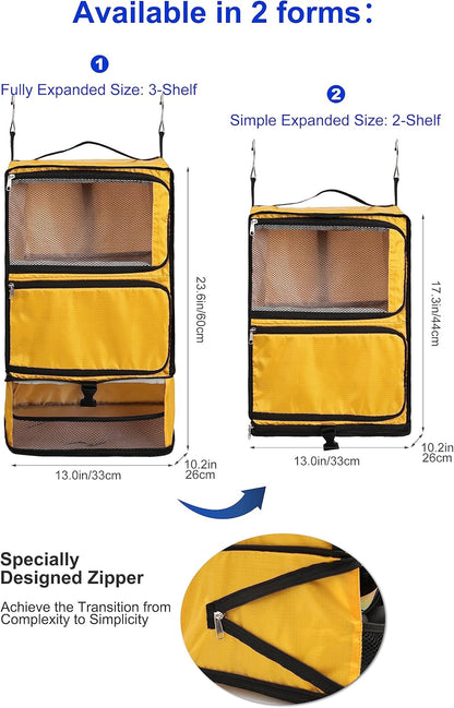 Hanging Packing Cubes Portable Closet 3-Shelf Travel Collapsible Compression Garment Organizer for Carry-on Luggage Suitcase Space Saver Bag XX-Large_No Side Pockets, Black