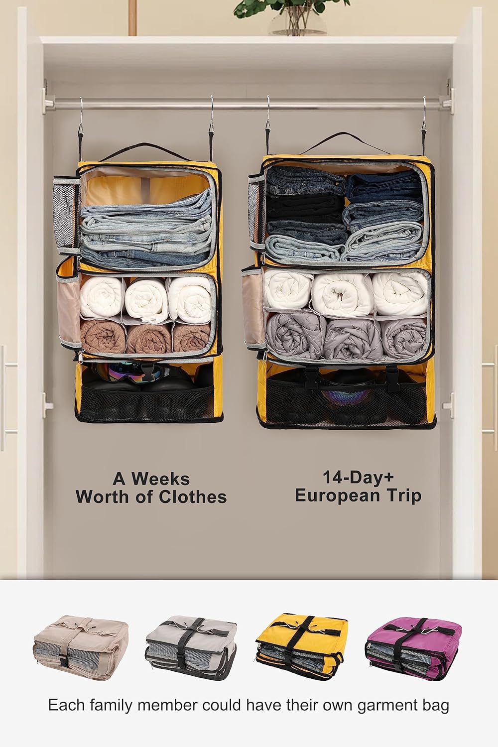 Hanging Packing Cubes Portable Closet 3-Shelf Travel Collapsible Compression Garment Organizer for Carry-on Luggage Suitcase Space Saver Bag XX-Large_No Side Pockets, Black