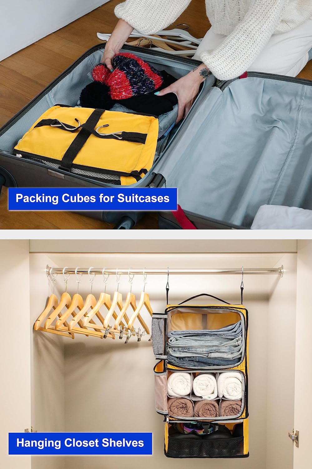 Hanging Packing Cubes Portable Closet 3-Shelf Travel Collapsible Compression Garment Organizer for Carry-on Luggage Suitcase Space Saver Bag XX-Large_No Side Pockets, Black