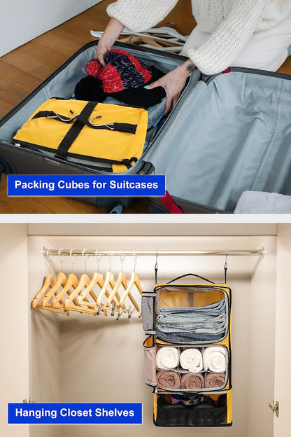 Hanging Packing Cubes Portable Closet 3-Shelf Travel Collapsible Compression Garment Organizer for Carry-on Luggage Suitcase Space Saver Bag XX-Large_No Side Pockets, Black