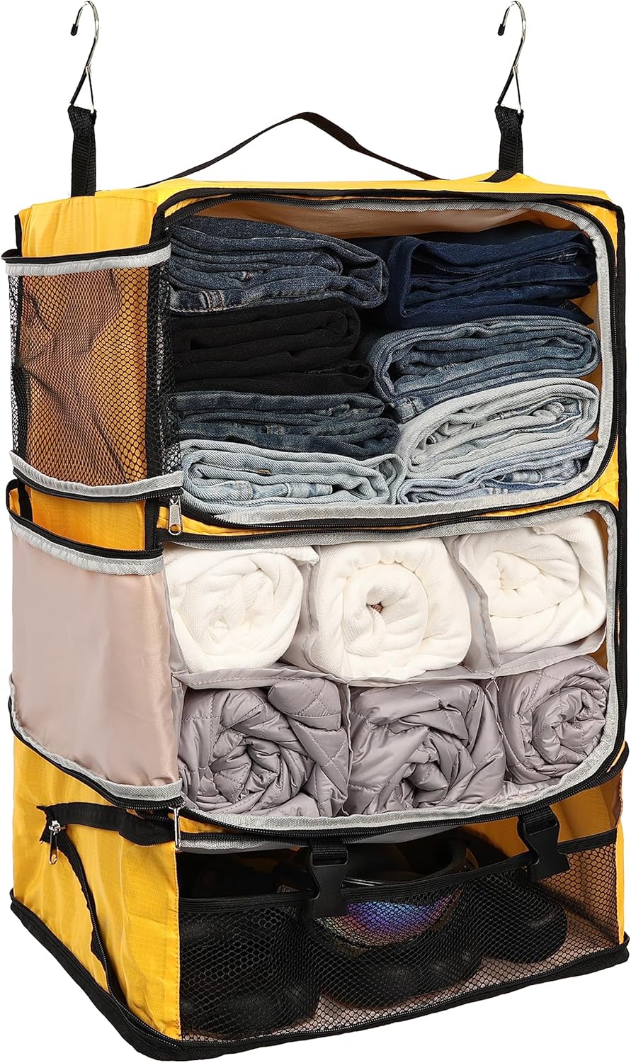 Hanging Packing Cubes Portable Closet 3-Shelf Travel Collapsible Compression Garment Organizer for Carry-on Luggage Suitcase Space Saver Bag XX-Large_No Side Pockets, Black