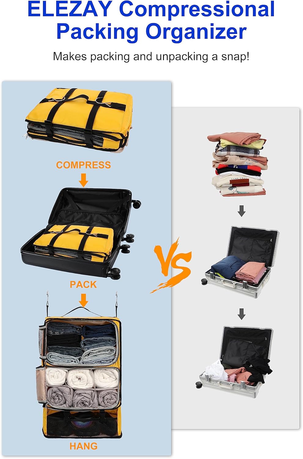Hanging Packing Cubes Portable Closet 3-Shelf Travel Collapsible Compression Garment Organizer for Carry-on Luggage Suitcase Space Saver Bag XX-Large_No Side Pockets, Black