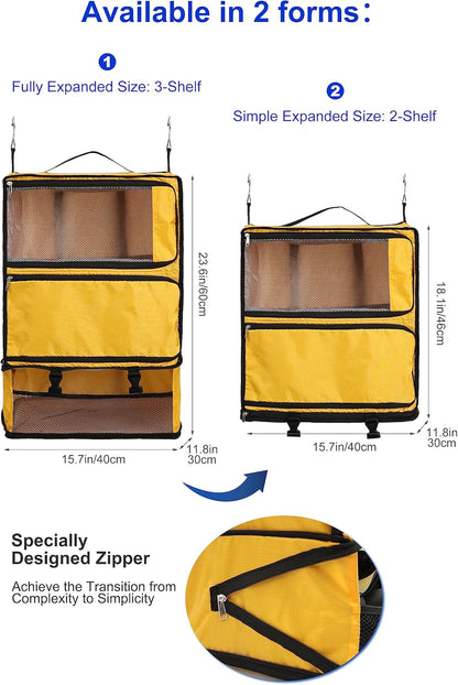Hanging Packing Cubes Portable Closet 3-Shelf Travel Collapsible Compression Garment Organizer for Carry-on Luggage Suitcase Space Saver Bag XX-Large_No Side Pockets, Black