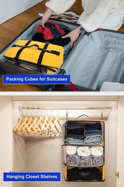 Hanging Packing Cubes Portable Closet 3-Shelf Travel Collapsible Compression Garment Organizer for Carry-on Luggage Suitcase Space Saver Bag XX-Large_No Side Pockets, Black