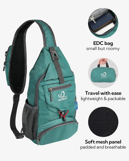 Packable Sling Backpack Lightweight Crossbody Bag Travel Daypack | Foldable design, Phone pocket, Water-resistant, Adjustable strap, Breathable back pad, Small hiking bag, Travel essentials