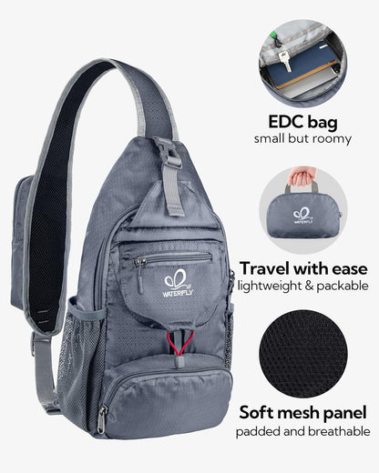 Packable Sling Backpack Lightweight Crossbody Bag Travel Daypack | Foldable design, Phone pocket, Water-resistant, Adjustable strap, Breathable back pad, Small hiking bag, Travel essentials