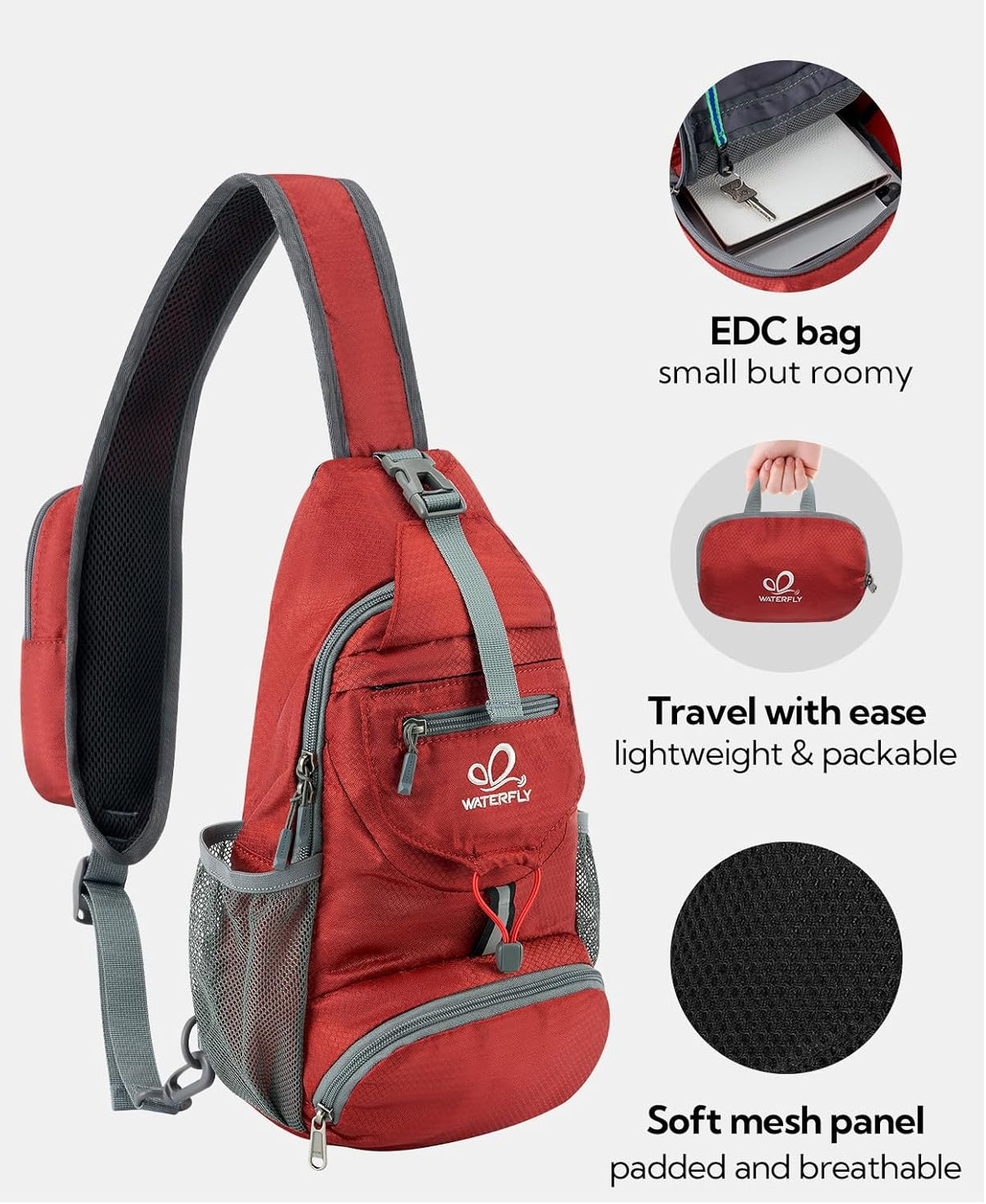 Packable Sling Backpack Lightweight Crossbody Bag Travel Daypack | Foldable design, Phone pocket, Water-resistant, Adjustable strap, Breathable back pad, Small hiking bag, Travel essentials