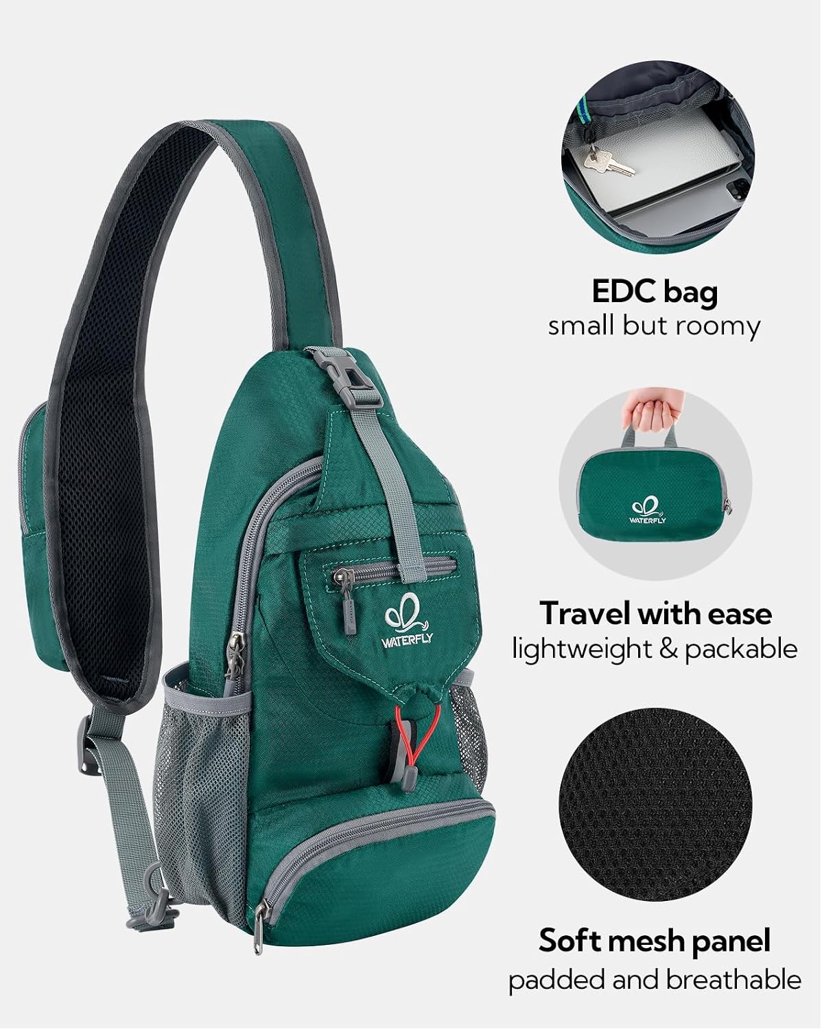 Packable Sling Backpack Lightweight Crossbody Bag Travel Daypack | Foldable design, Phone pocket, Water-resistant, Adjustable strap, Breathable back pad, Small hiking bag, Travel essentials