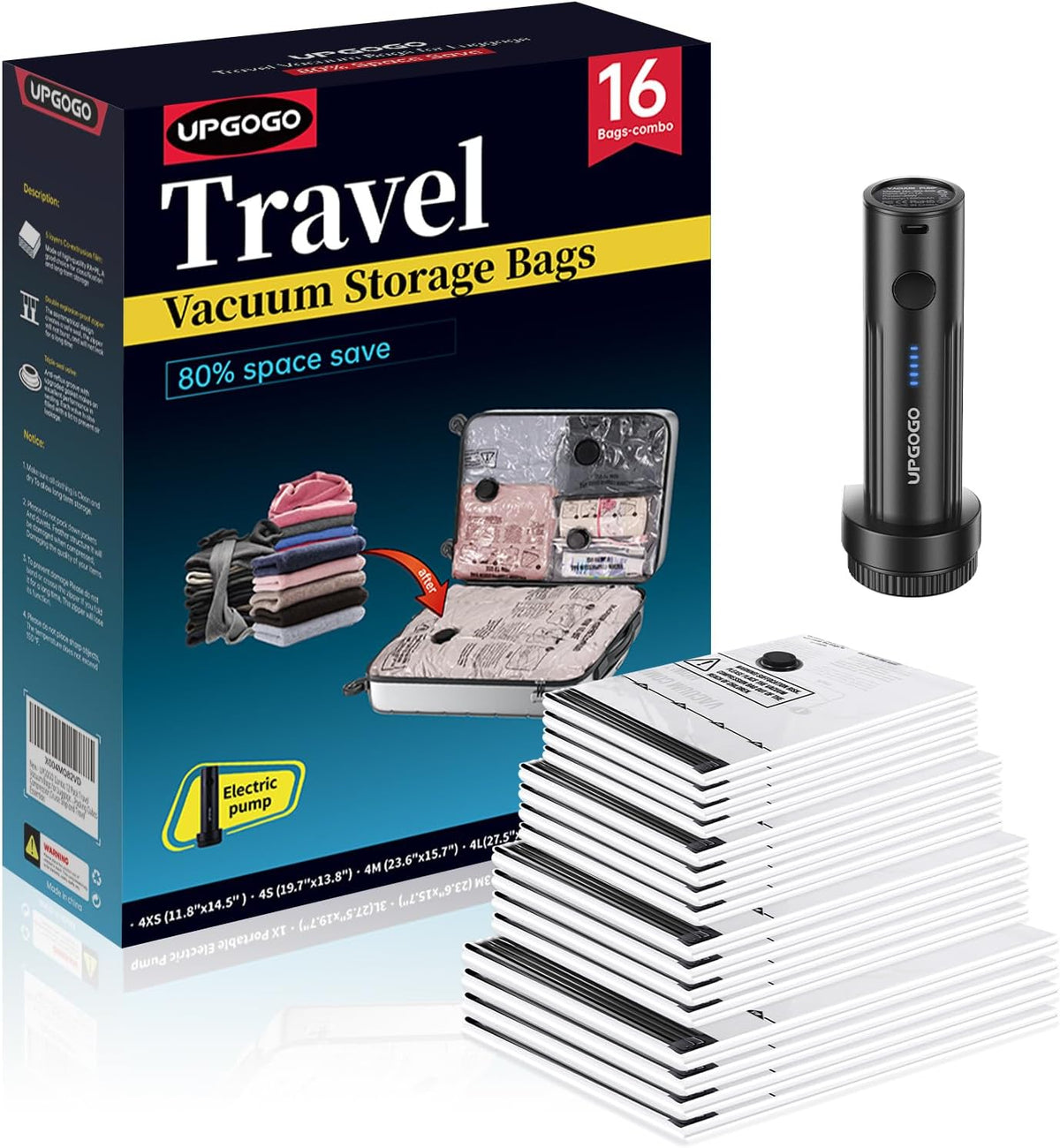 Travel Vacuum Bags for Luggage with Portable Electric Pump,Vacuum Seal Bags for Clothing,Packing Cubes Compression,Cruise Ship and Travel Essentials(Combo 16 Pack)