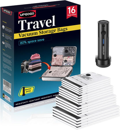 Travel Vacuum Bags for Luggage with Portable Electric Pump,Vacuum Seal Bags for Clothing,Packing Cubes Compression,Cruise Ship and Travel Essentials(Combo 16 Pack)