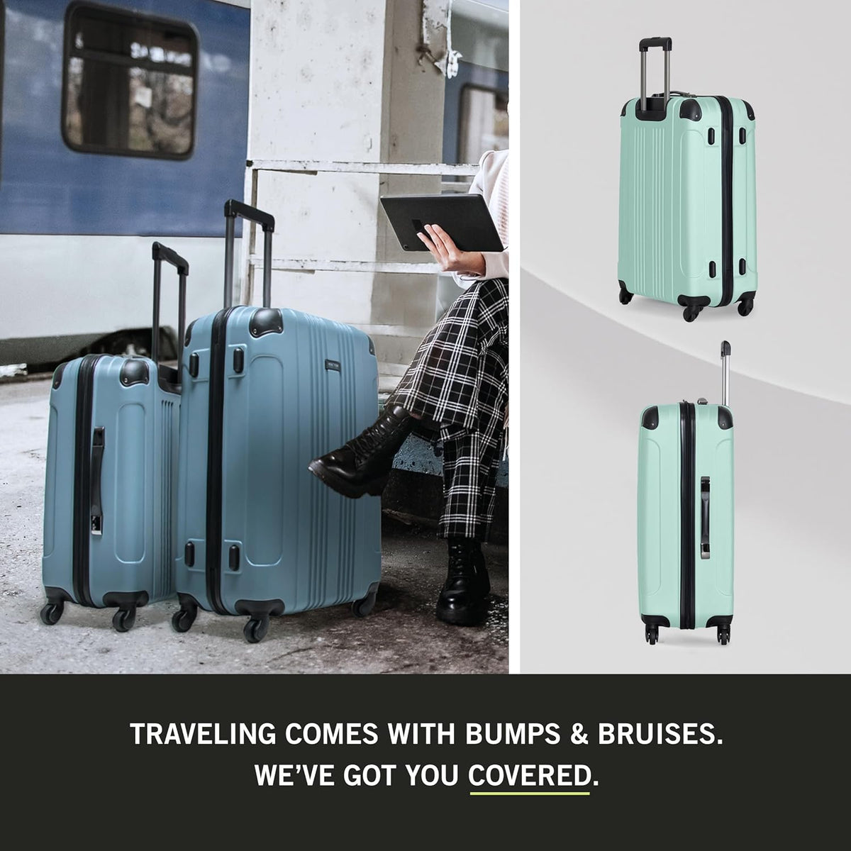 REACTION Out of Bounds Lightweight Hardshell 4-Wheel Spinner Luggage, Mint Blue, 20-Inch Carry On