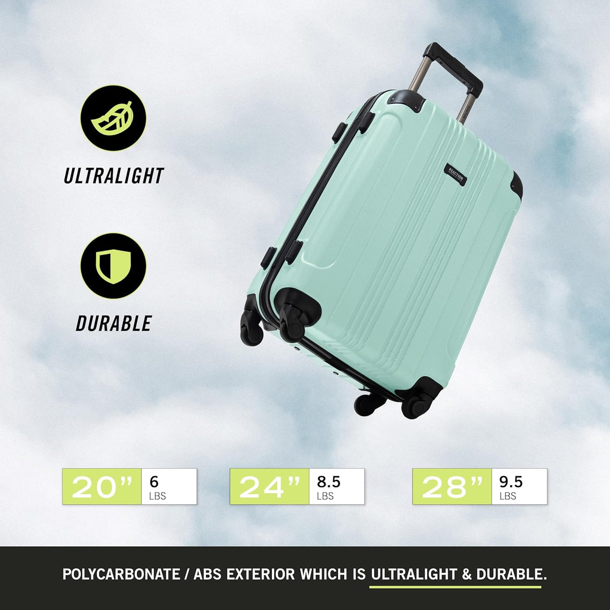 REACTION Out of Bounds Lightweight Hardshell 4-Wheel Spinner Luggage, Mint Blue, 20-Inch Carry On
