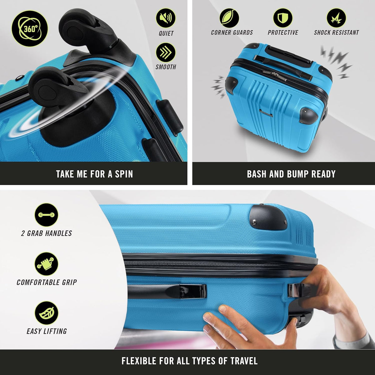 REACTION Out of Bounds Lightweight Hardshell 4-Wheel Spinner Luggage, Mint Blue, 20-Inch Carry On