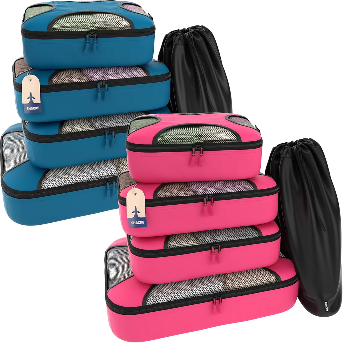 Premium 5 Packing Cubes Set (Precious Pink) & 5 Packing Cubes Set (Gentleman's Blue) | Lightweight Mesh Travel Luggage Organizers with Laundry Bag