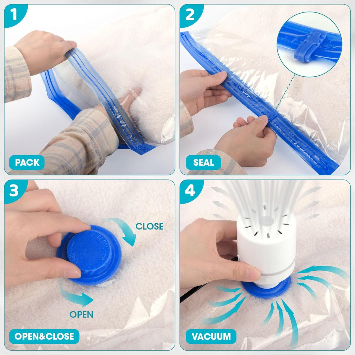Vacuum Storage Bags with Hand Pump, 12 Large Compression Space Saver Vacuum Seal Bags for Clothing, Travel, Luggage, Comforters, Blankets, Pillows, Bedding, Duvets