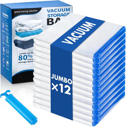 Vacuum Storage Bags with Hand Pump, 12 Large Compression Space Saver Vacuum Seal Bags for Clothing, Travel, Luggage, Comforters, Blankets, Pillows, Bedding, Duvets