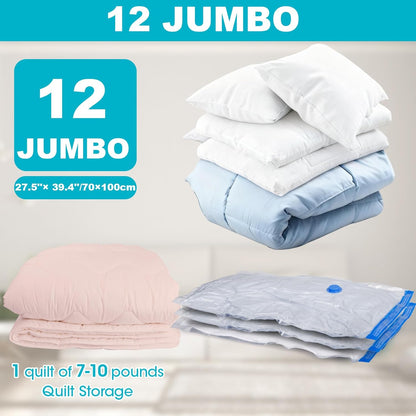 Vacuum Storage Bags with Hand Pump, 12 Large Compression Space Saver Vacuum Seal Bags for Clothing, Travel, Luggage, Comforters, Blankets, Pillows, Bedding, Duvets