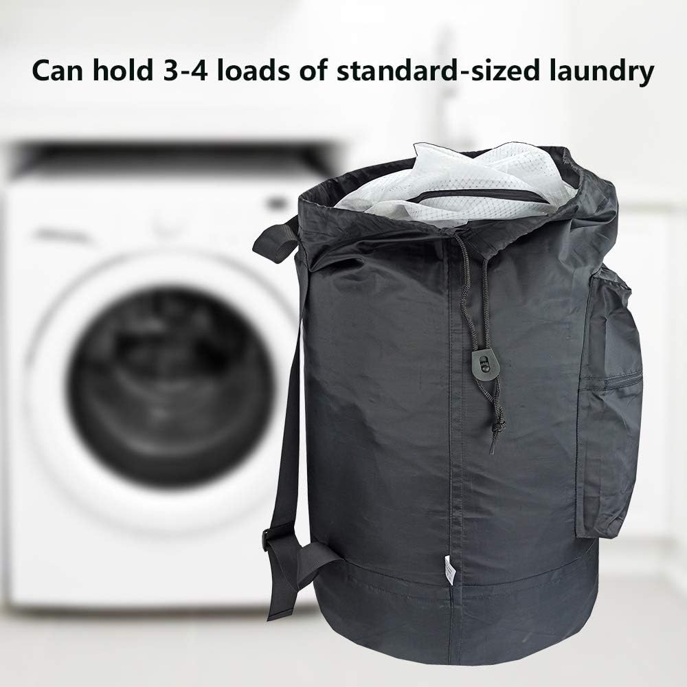 Washable Laundry Bag Backpack with Zipper Pocket, Heavy Duty Clothes Bag, 2 Strong Adjustable Shoulder Straps with Drawstring Closure for Travel, Camping or College, Black