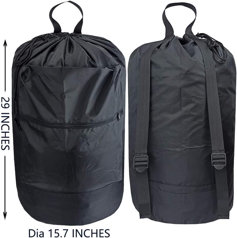 Washable Laundry Bag Backpack with Zipper Pocket, Heavy Duty Clothes Bag, 2 Strong Adjustable Shoulder Straps with Drawstring Closure for Travel, Camping or College, Black