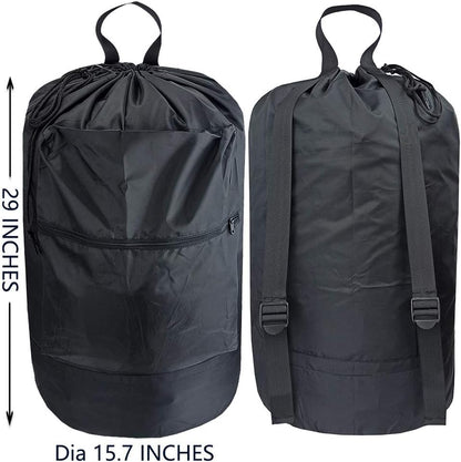 Washable Laundry Bag Backpack with Zipper Pocket, Heavy Duty Clothes Bag, 2 Strong Adjustable Shoulder Straps with Drawstring Closure for Travel, Camping or College, Black