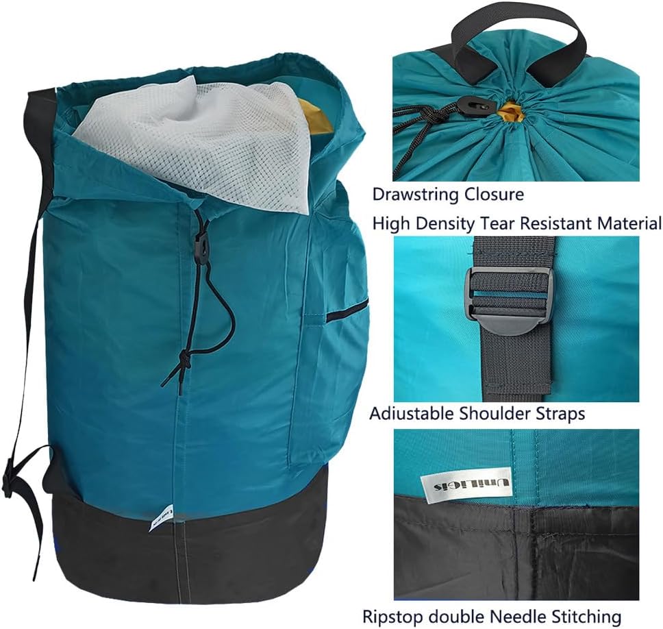 Washable Laundry Bag Backpack with Zipper Pocket, Heavy Duty Clothes Bag, 2 Strong Adjustable Shoulder Straps with Drawstring Closure for Travel, Camping or College, Black
