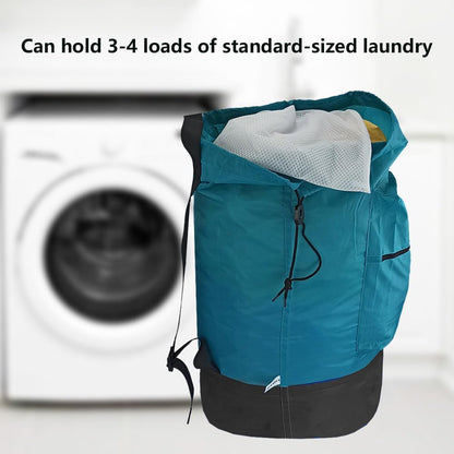 Washable Laundry Bag Backpack with Zipper Pocket, Heavy Duty Clothes Bag, 2 Strong Adjustable Shoulder Straps with Drawstring Closure for Travel, Camping or College, Black