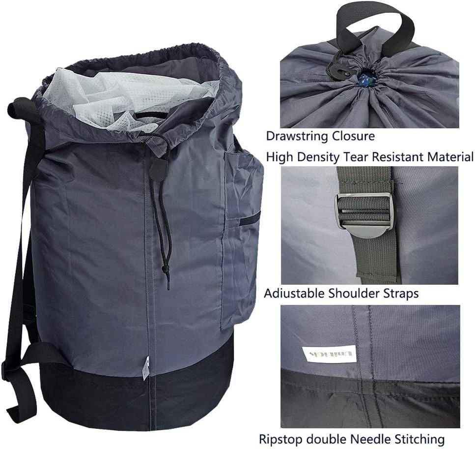 Washable Laundry Bag Backpack with Zipper Pocket, Heavy Duty Clothes Bag, 2 Strong Adjustable Shoulder Straps with Drawstring Closure for Travel, Camping or College, Black