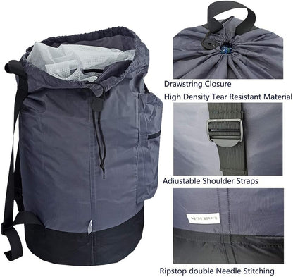 Washable Laundry Bag Backpack with Zipper Pocket, Heavy Duty Clothes Bag, 2 Strong Adjustable Shoulder Straps with Drawstring Closure for Travel, Camping or College, Black