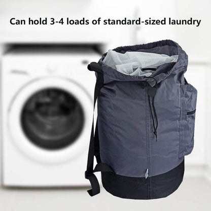 Washable Laundry Bag Backpack with Zipper Pocket, Heavy Duty Clothes Bag, 2 Strong Adjustable Shoulder Straps with Drawstring Closure for Travel, Camping or College, Black