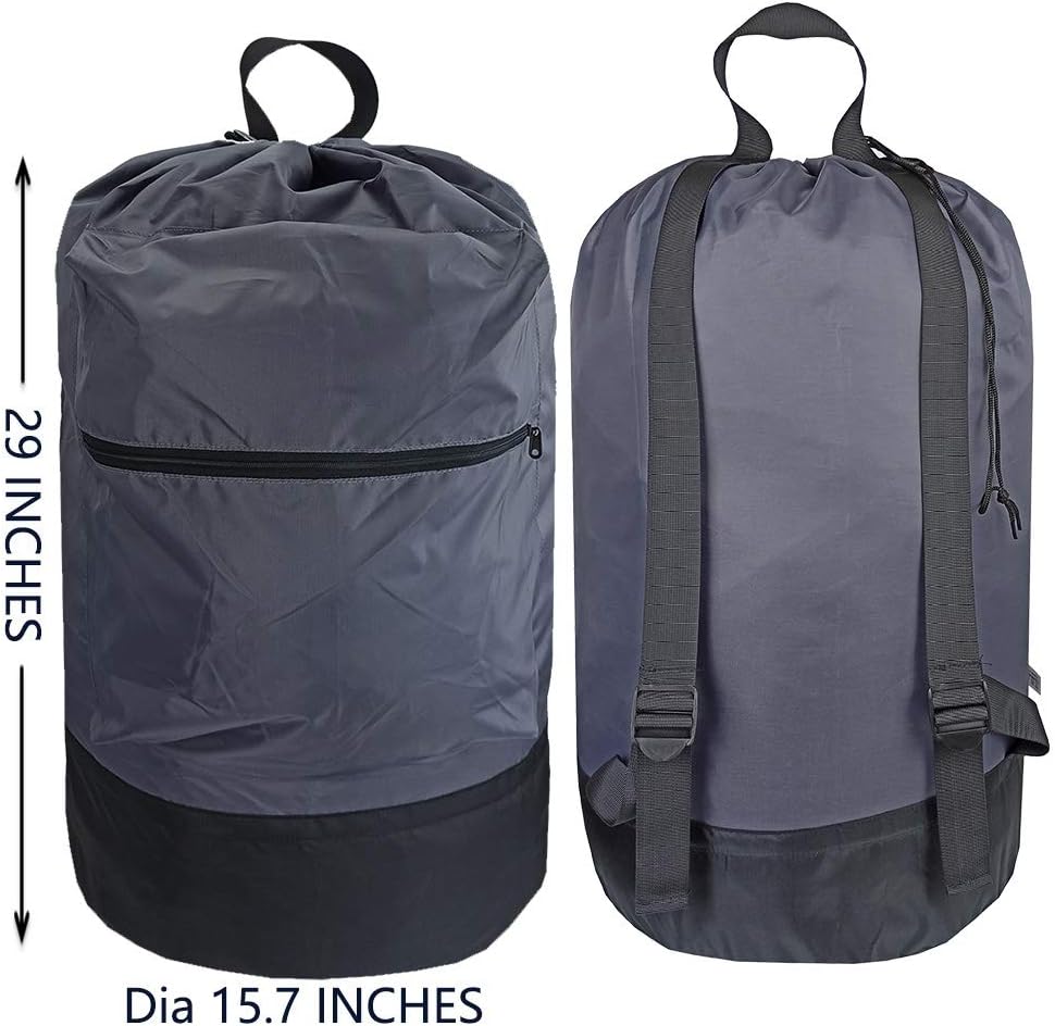 Washable Laundry Bag Backpack with Zipper Pocket, Heavy Duty Clothes Bag, 2 Strong Adjustable Shoulder Straps with Drawstring Closure for Travel, Camping or College, Black