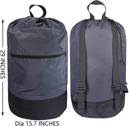 Washable Laundry Bag Backpack with Zipper Pocket, Heavy Duty Clothes Bag, 2 Strong Adjustable Shoulder Straps with Drawstring Closure for Travel, Camping or College, Black