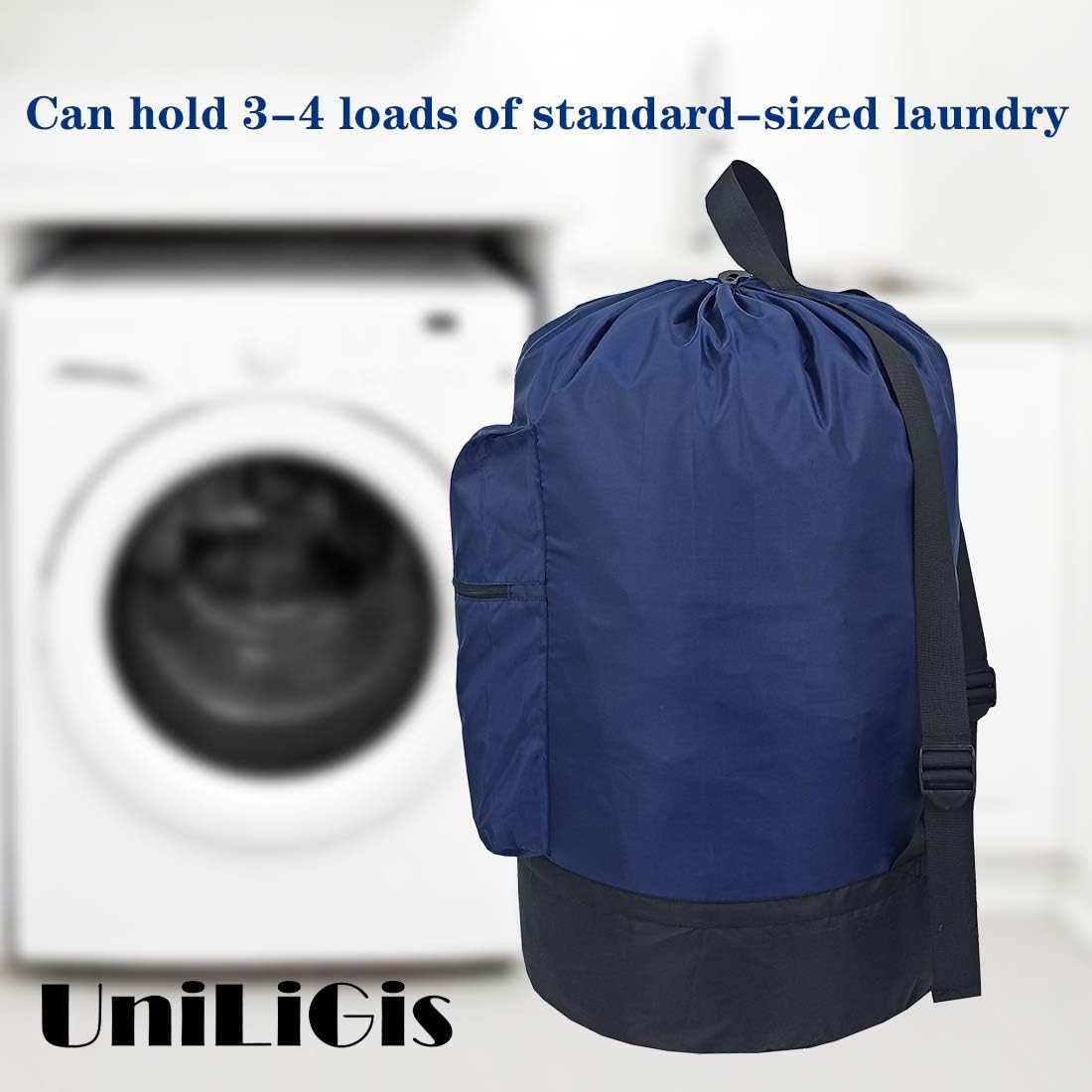 Washable Laundry Bag Backpack with Zipper Pocket, Heavy Duty Clothes Bag, 2 Strong Adjustable Shoulder Straps with Drawstring Closure for Travel, Camping or College, Black