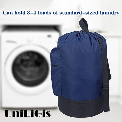 Washable Laundry Bag Backpack with Zipper Pocket, Heavy Duty Clothes Bag, 2 Strong Adjustable Shoulder Straps with Drawstring Closure for Travel, Camping or College, Black