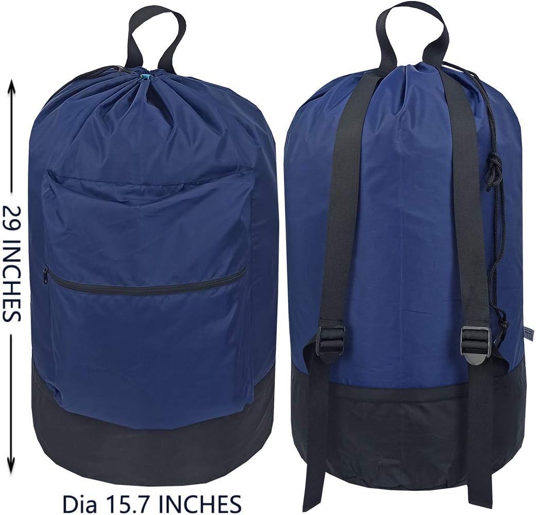 Washable Laundry Bag Backpack with Zipper Pocket, Heavy Duty Clothes Bag, 2 Strong Adjustable Shoulder Straps with Drawstring Closure for Travel, Camping or College, Black