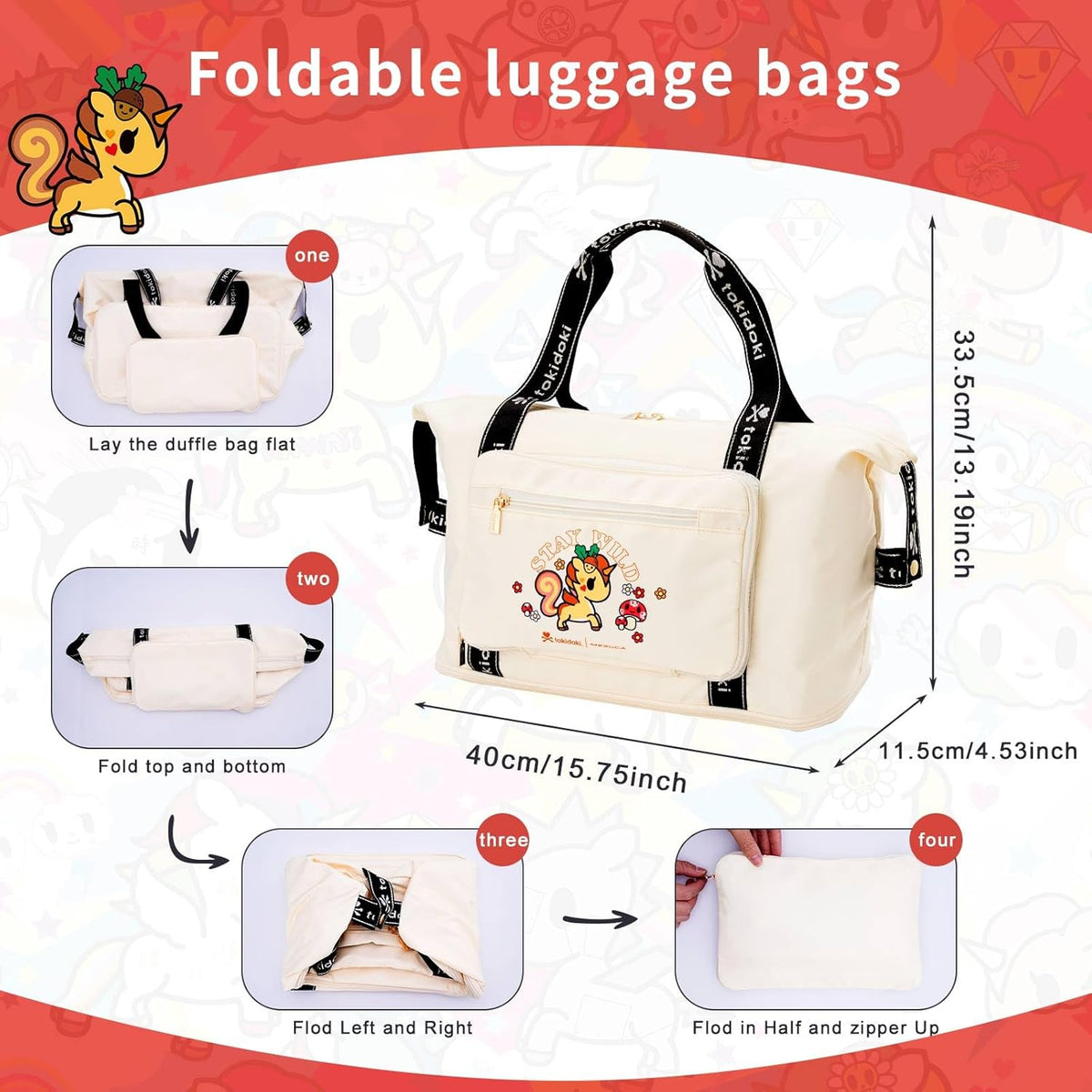 Unicorno Foldable Duffle Bag for Travel, 40L Expandable Weekender Bags with Trolley Sleeve Overnight Bags for Travelling(Black)