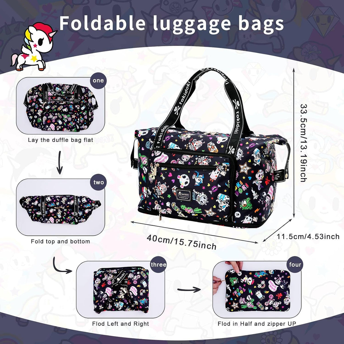 Unicorno Foldable Duffle Bag for Travel, 40L Expandable Weekender Bags with Trolley Sleeve Overnight Bags for Travelling(Black)