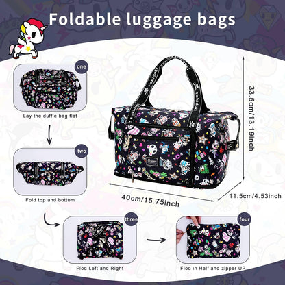 Unicorno Foldable Duffle Bag for Travel, 40L Expandable Weekender Bags with Trolley Sleeve Overnight Bags for Travelling(Black)