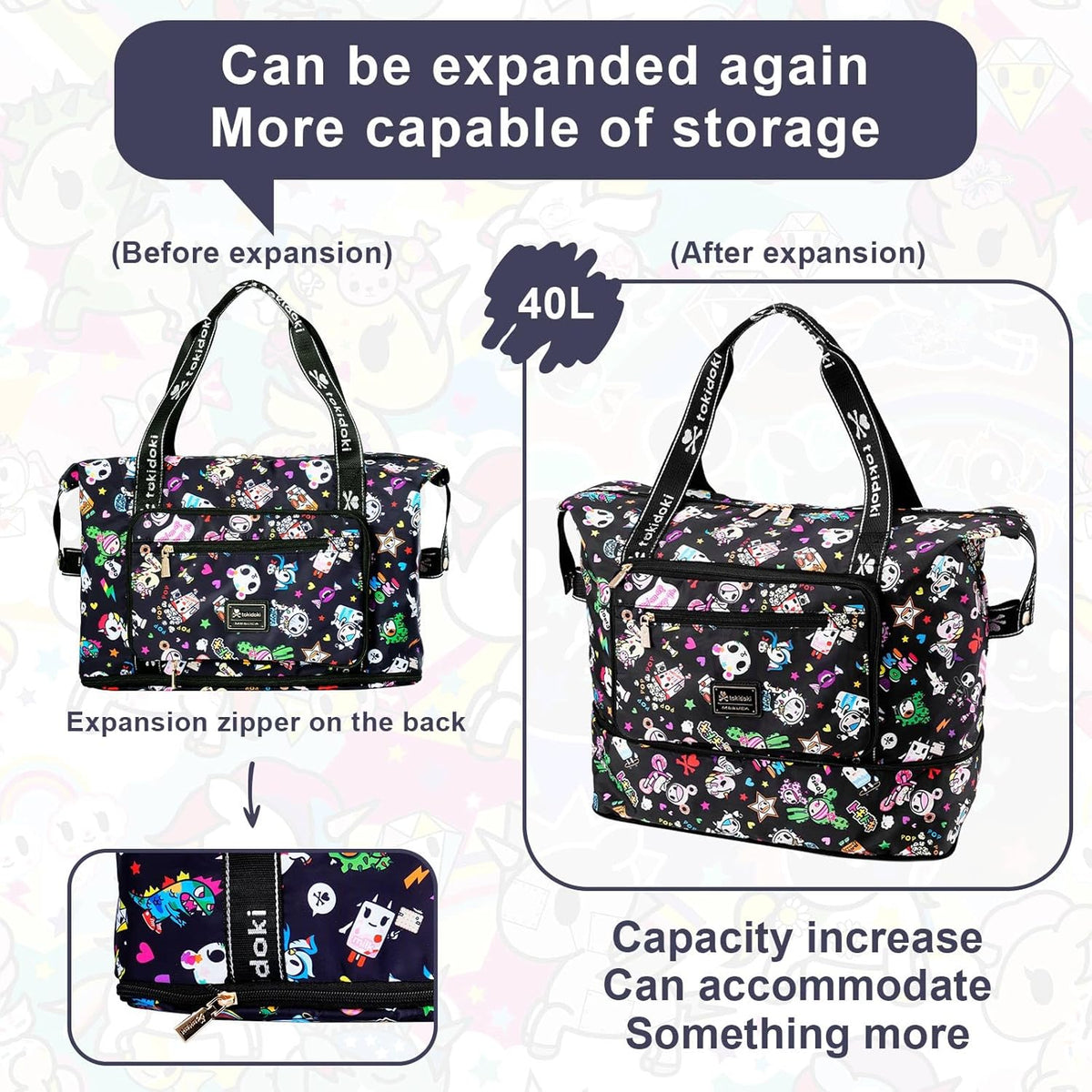 Unicorno Foldable Duffle Bag for Travel, 40L Expandable Weekender Bags with Trolley Sleeve Overnight Bags for Travelling(Black)