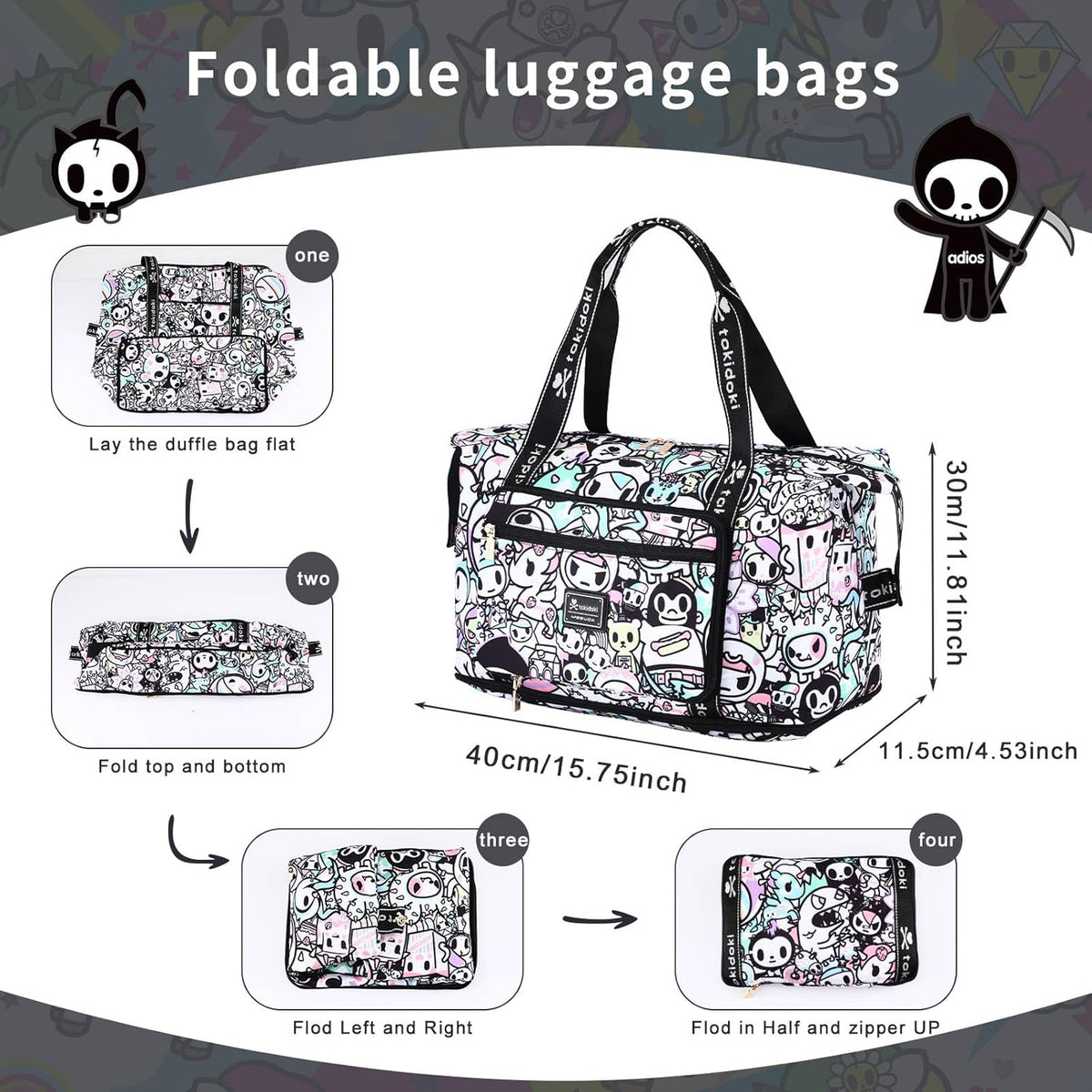 Unicorno Foldable Duffle Bag for Travel, 40L Expandable Weekender Bags with Trolley Sleeve Overnight Bags for Travelling(Black)