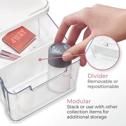 The Sarah Tanno Collection Medium Stacking Cosmetic Drawer Organizer with Lid and Divider, Clear/White