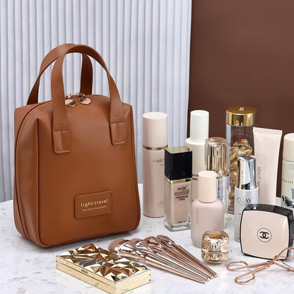 Travel Makeup Bag, Large Capacity Cosmetic Bags, Waterproof Portable Pouch, Open Flat Toiletry Bag Make up Organizer with Divider and Handle for Women and Girls (Brown)