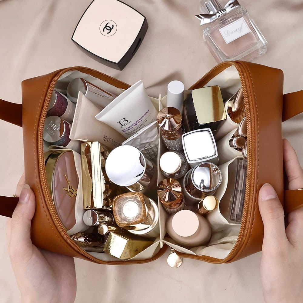Travel Makeup Bag, Large Capacity Cosmetic Bags, Waterproof Portable Pouch, Open Flat Toiletry Bag Make up Organizer with Divider and Handle for Women and Girls (Brown)