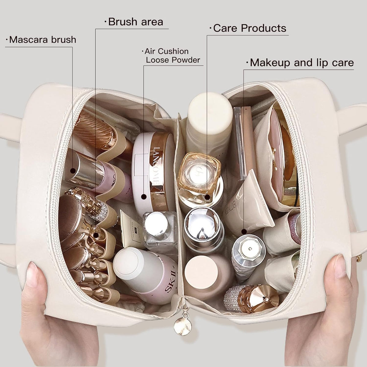 Travel Makeup Bag, Large Capacity Cosmetic Bags, Waterproof Portable Pouch, Open Flat Toiletry Bag Make up Organizer with Divider and Handle for Women and Girls (Brown)