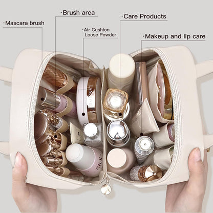 Travel Makeup Bag, Large Capacity Cosmetic Bags, Waterproof Portable Pouch, Open Flat Toiletry Bag Make up Organizer with Divider and Handle for Women and Girls (Brown)