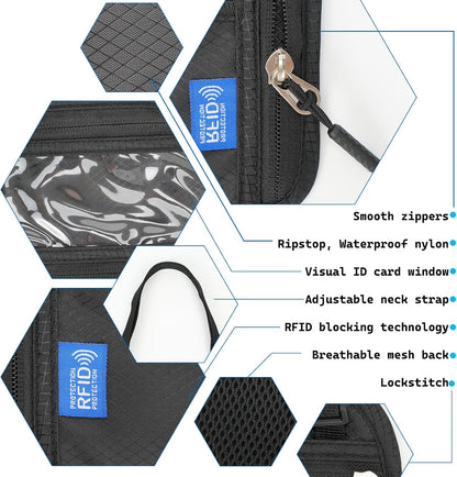 Neck Wallet Passport Holder for Men Women RFID Blocking Water Resistant Hidden Travel Pouch with Adjustable Strap Holds Phone Cards Cash (black)