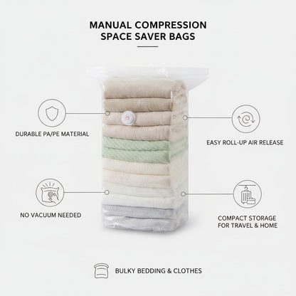 Manual Compression Storage Bags for Space Saving, No Vacuum or Pump Needed, Roll-Up Design for Bedding, Clothes, and Travel Packing, Durable PA/PE Composite Material